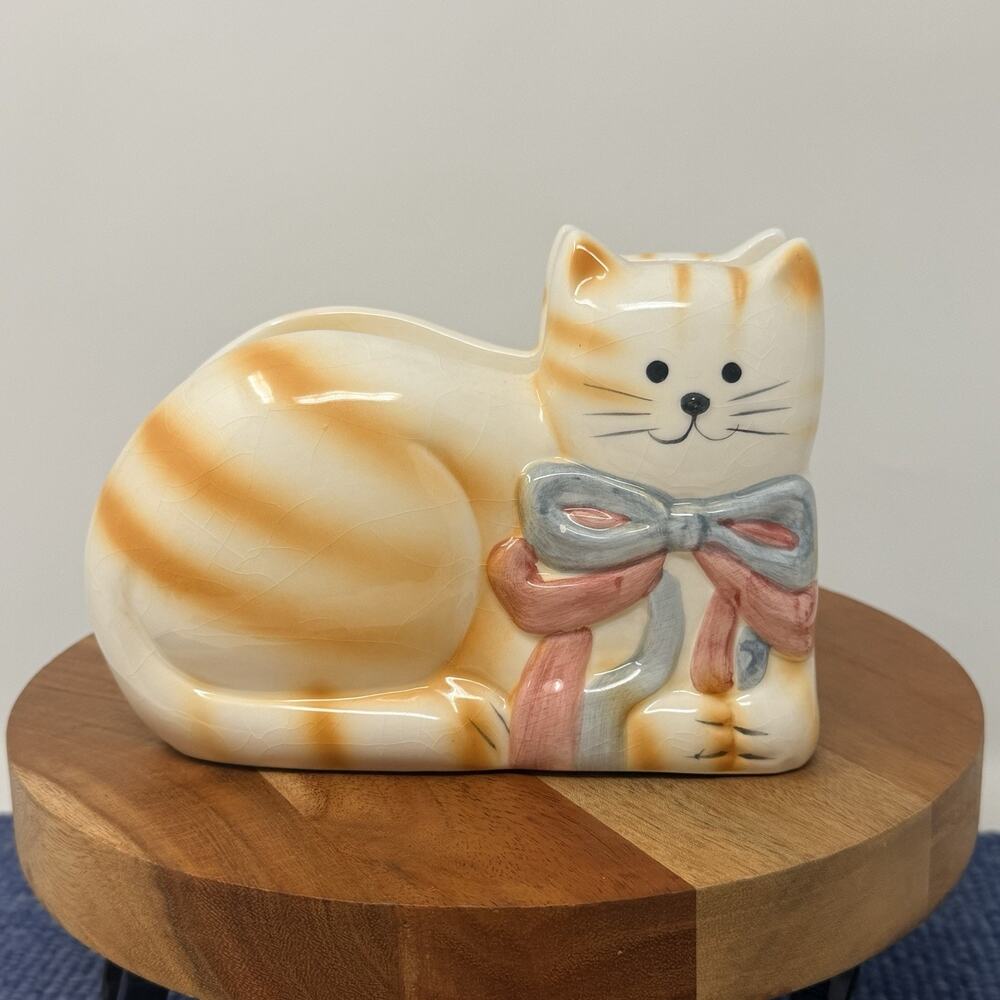 Vintage Ceramic Orange Striped Tabby Cat Letter Napkin Holder